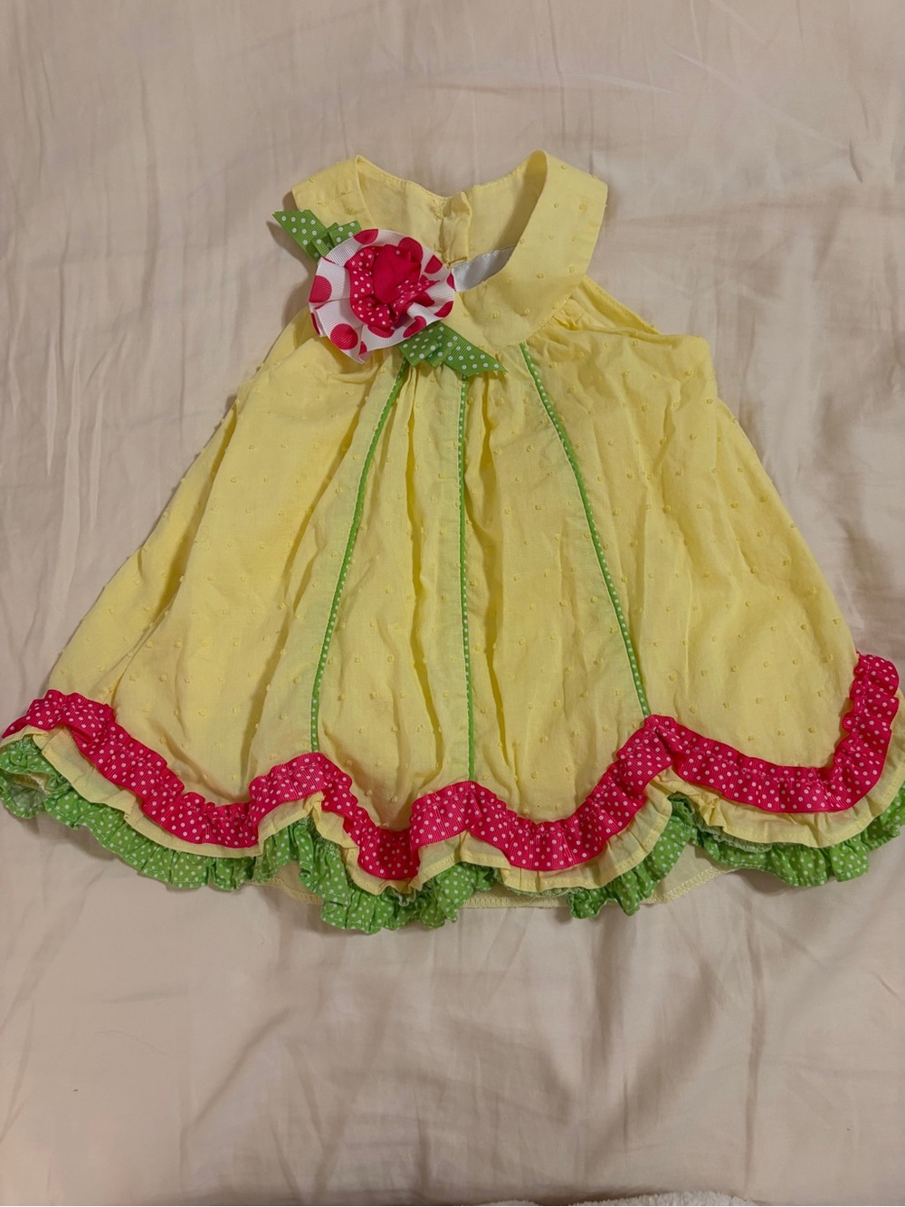 Rare Editions Yellow Dress with Pink & Green Ruffle Trim